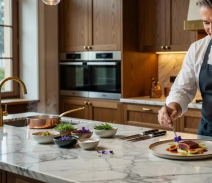 Séf egy fine dining tányért készít elő elegáns, meleg fényű konyhában