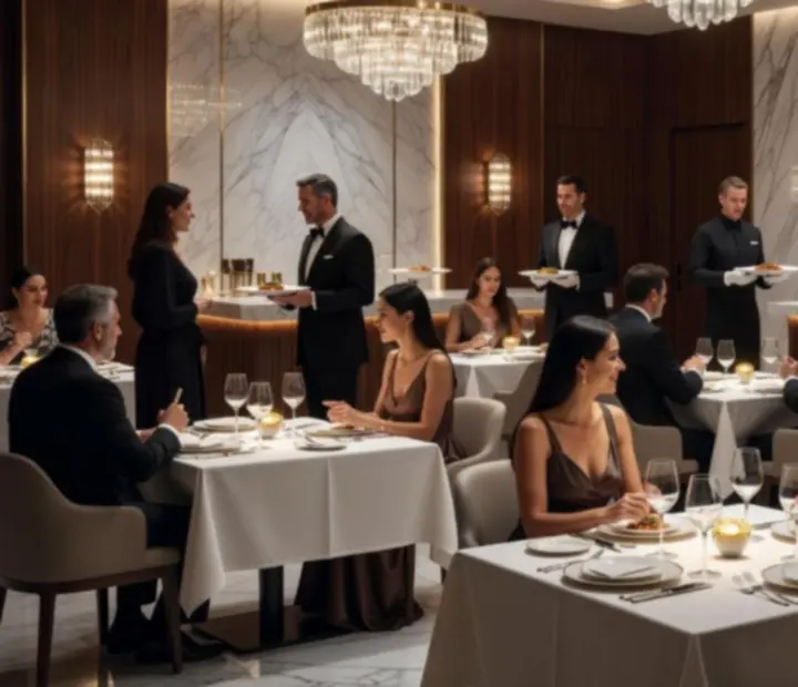 Luxus étterem elegáns, gyertyafényes eseményhangulattal, kifinomult pókerasztalokkal és gourmet fogásokkal