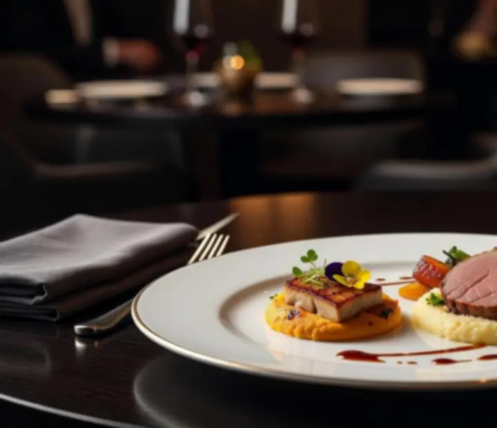 Gourmet fogások elegáns tálalásban egy luxus étterem asztalán.