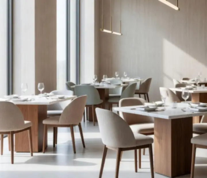 Fine dining étterem belső tere természetes fa és márvány részletekkel, meleg fényekkel