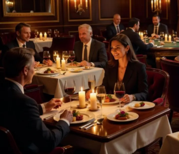 Elegáns éttermi tér pókerasztalokkal és fine dining vacsorával Budapesten