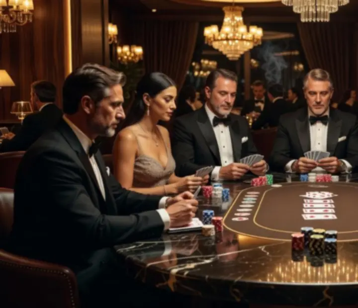Elegáns póker lounge meleg fényekkel, márvány asztalokkal és luxus bőrülésekkel