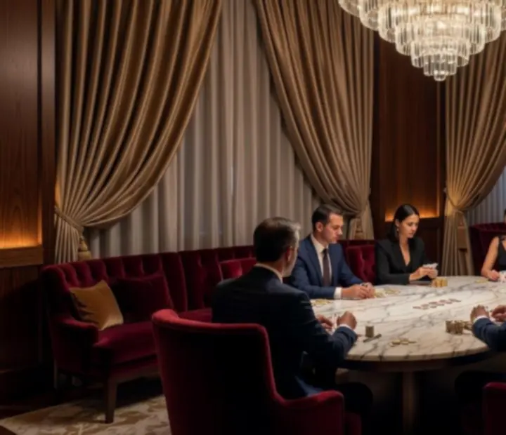 Elegáns VIP póker lounge Budapesten, gyertyafényes asztalokkal és prémium vendégekkel